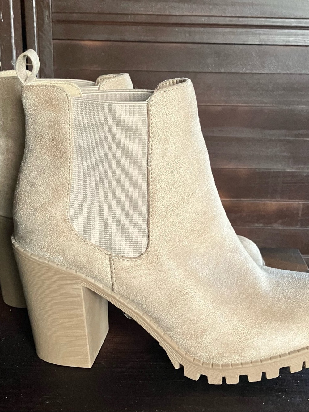 Soda Beige Suede Chelsea Block Heel Ankle Boots